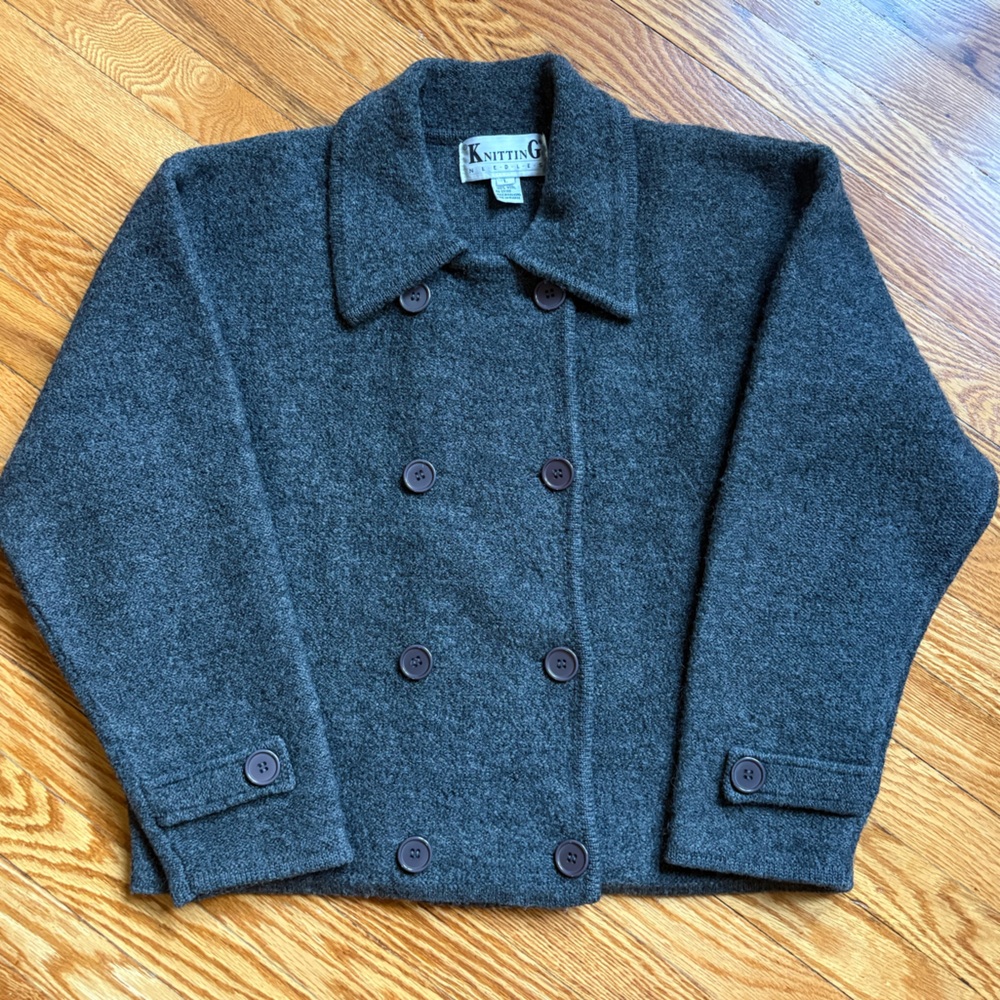 Vintage Knitting Needles 100% Wool Button Up Peacoat Style Sweater L